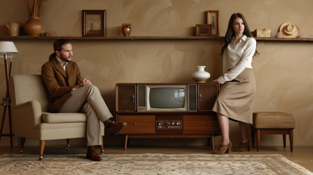 Trendy young couple in autumn fashion posing with vintage television on a neutral backgroundの素材