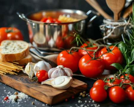 Vibrant industrial kitchen featuring stainless steel cookware, fresh produce, and garlic breadの素材