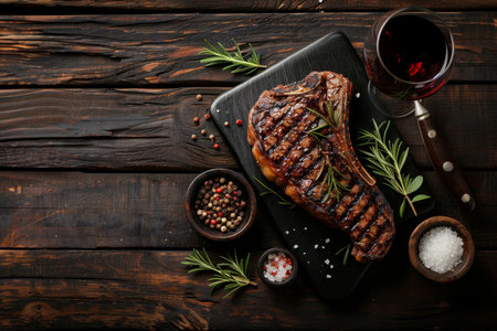 Stylish flatlay of grilled beef steak with rosemary, red wine, and colorful peppercorns on woodの素材