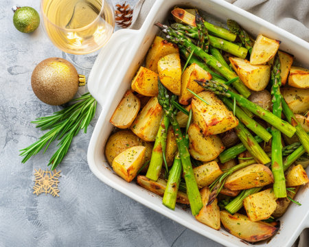 Chic winter table setting featuring gourmet roasted asparagus, rosemary potatoes, and vegan dipの素材
