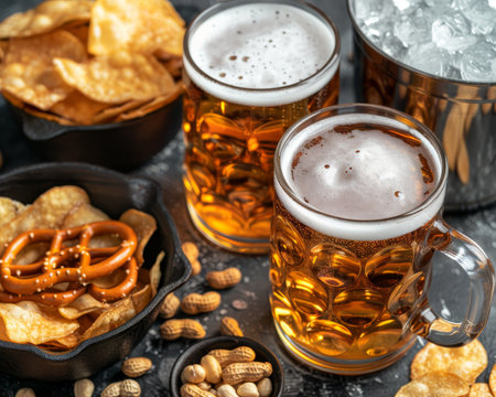 Close up view of beer mugs with foam accompanied by snacks like chips, peanuts, and pretzelsの素材
