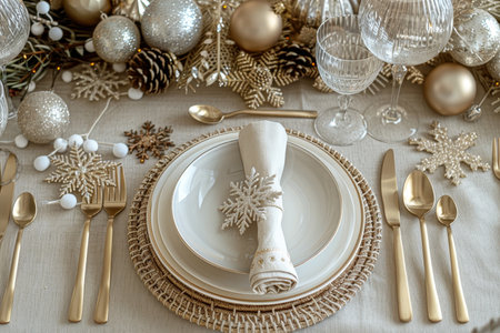 Elegant holiday table setting with gold chargers, woven placemats, and snowflake decorationsの素材