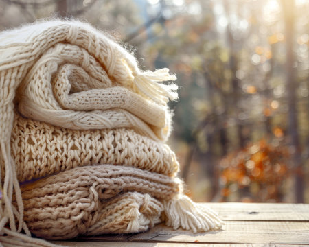 Cozy winter atmosphere knitted throws on wooden surface bathed in natural lightの素材