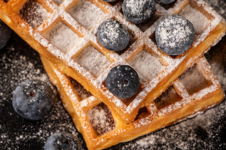 Indulge in fluffy Belgian waffles, golden and soft, generously topped with succulent fresh blueberries and a dusting of powdered sugar, making for an irresistible dessert.の写真素材