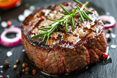 Close up of juicy beef on black plate with rosemary and red onion rings, perfect for menu promotionの素材