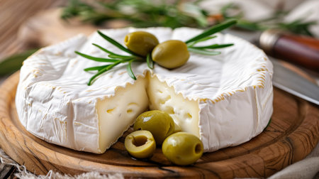 Elegant still life featuring brie cheese, green olives, and rosemary on a rustic kitchen boardの素材