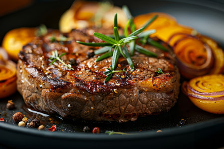 Succulent beef close up on black plate with rosemary and red onion rings for menu promotionの素材