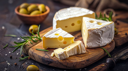 Elegant still life of brie cheese, green olives, rosemary, and a cheese knife on a boardの素材