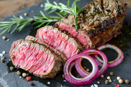 Savory beef close up on a black plate garnished with rosemary and red onion rings for menu displayの素材