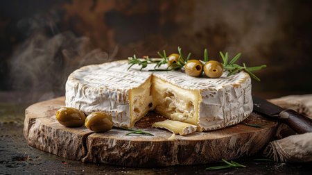 Elegant still life featuring brie cheese, green olives, rosemary, and a cheese knife on boardの素材
