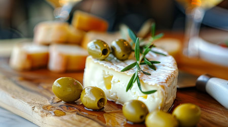 Elegant still life with brie cheese, green olives, rosemary, and a cheese knife on a boardの素材