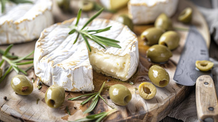 Elegant still life featuring brie cheese, green olives, rosemary, and a cheese knife on a boardの素材