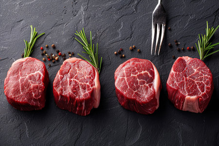 Top view of freshly seasoned marbled steaks displayed with a meat fork on dark marble surfaceの素材