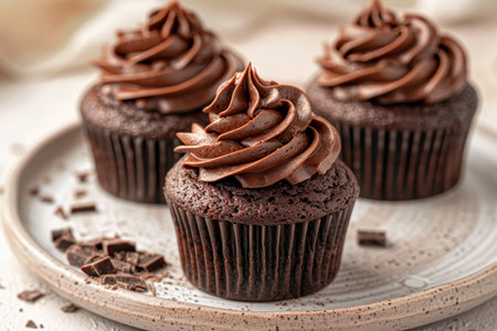 Delightful chocolate cupcakes with cream cheese frosting on a minimalist ceramic plateの素材