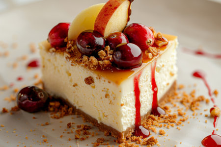 Elegant vanilla cheesecake topped with cranberries and apples on a simple matte plateの素材