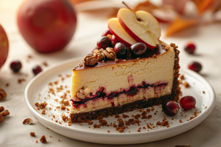 Elegant vanilla cheesecake topped with cranberries and apples on a simple matte plateの素材