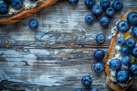 Delicious ricotta and blueberry honey sandwich on whole grain bread on rustic wooden tableの素材