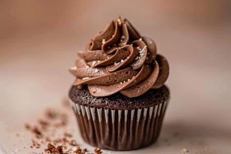 Delicious chocolate cupcakes topped with cream cheese frosting on a simple ceramic plateの素材