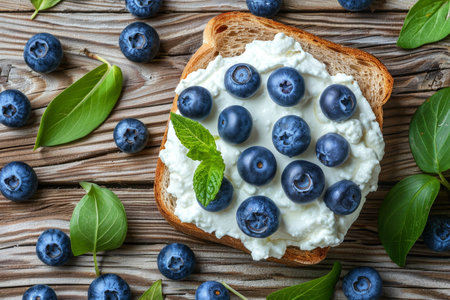 Savory ricotta and blueberry honey sandwich on whole grain bread on rustic white wooden tableの素材