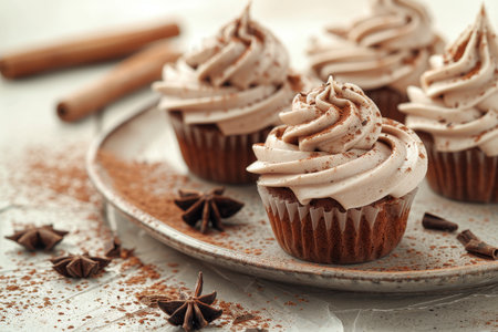Charming chocolate cupcakes topped with cream cheese frosting on a simple ceramic plateの素材