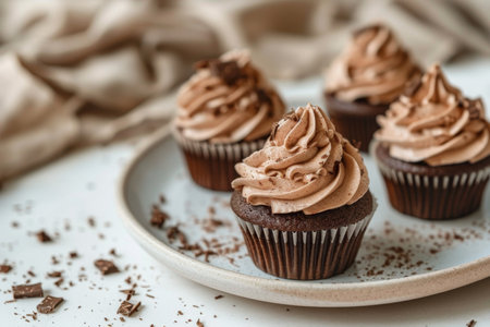Delicious chocolate cupcakes topped with cream cheese frosting on a simple ceramic plateの素材