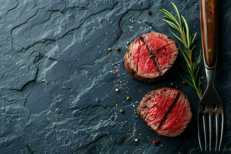 Top view of freshly seasoned marbled steaks on dark marble surface with meat fork presentationの素材