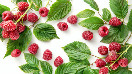 Vibrant arrangement of fresh raspberries nestled among lush green leaves on a white backgroundの素材