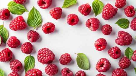 Fresh raspberries surrounded by green leaves on a clean white background for a vibrant displayの素材