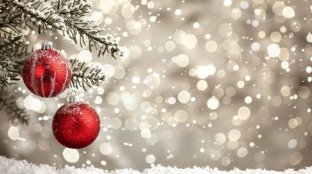 Silver and red christmas ornaments adorning snow covered fir tree branches with blurred snowfallの素材