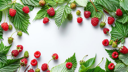 Vibrant fresh raspberries nestled among green leaves on a crisp white backgroundの素材
