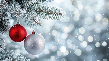Festive silver and red ornaments on snowy fir tree branches with blurred snowfall backgroundの素材
