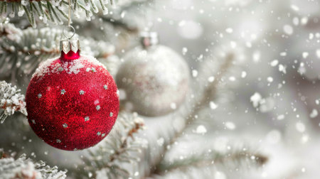 Festive silver and red ornaments on snowy fir tree branches amidst a softly blurred snowfallの素材