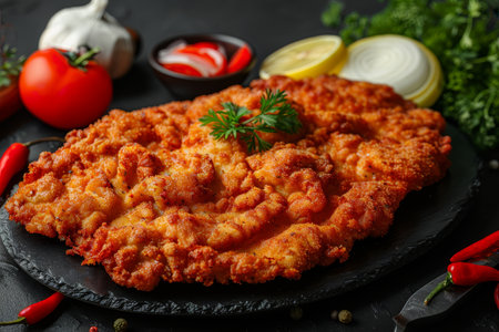 Savory traditional german schnitzel cutlet on an elegant black plate for classic diningの素材