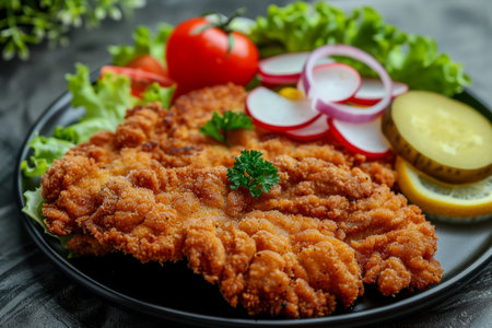 Exquisite traditional german schnitzel cutlet presented on a stylish black plate for a classic feastの素材