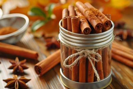 Rustic scene featuring cinnamon sticks, anise stars, and a sieve on weathered wooden surfaceの素材