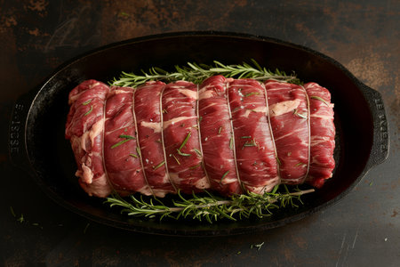 Grilled black angus chuck roll steak with fresh herbs, garlic, and olive oil in cast iron skilletの素材