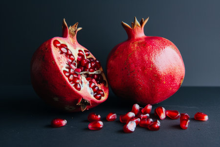 Whole and cracked pomegranates displayed on a dark background for stunning visual contrastの素材