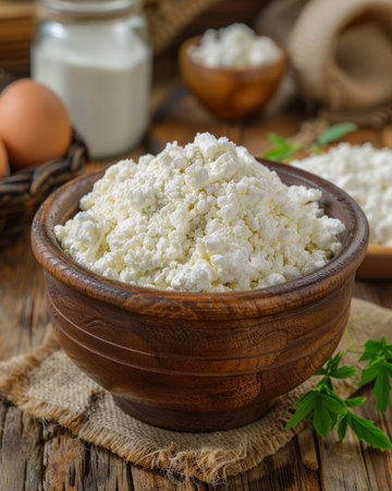 Elegant still life composition of flour, eggs, and fresh cottage cheese illuminated by natural lightの素材
