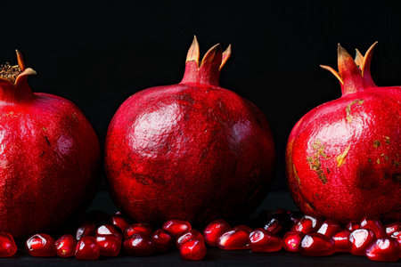 Striking display of whole and cracked pomegranates against a dark background for visual impactの素材