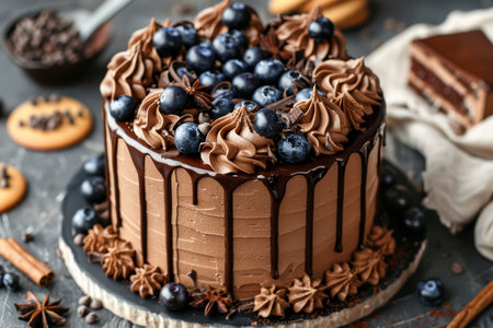 Delicious chocolate cake adorned with blueberries, chocolate treats, and cookies on dark surfaceの素材