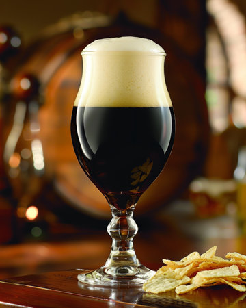 Enjoy a refreshing dark beer with crispy chips for the ultimate snack experienceの素材
