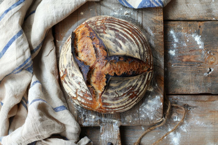 Rustic French rye bread loaf wrapped in a towel on a weathered wooden board surfaceの素材