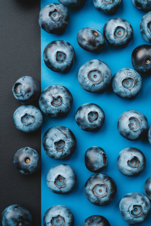 Fresh blueberries in a black bowl with blueberry jam against a striking blue and black backgroundの素材