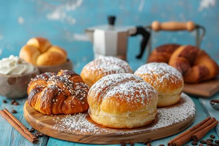 Delicious homemade pastry treats puff buns, cinnamon rolls, and croissants with vintage coffee potの素材