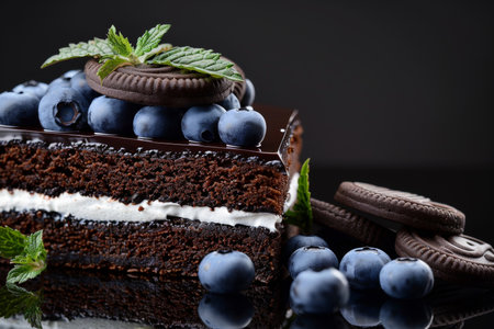 Indulgent chocolate cake topped with blueberries, sweet treats, and cookies on a dark backgroundの素材