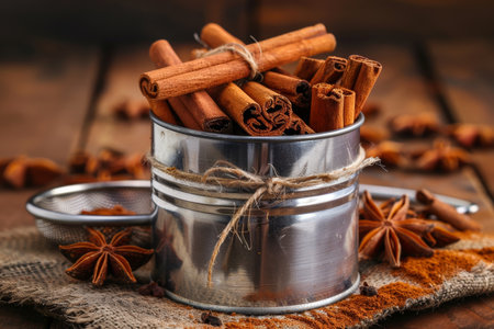 Charming rustic still life with cinnamon sticks, anise stars, and a sieve on weathered woodの素材