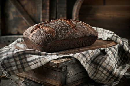 Rustic French rye bread loaf wrapped in a towel on a weathered wooden board surfaceの素材