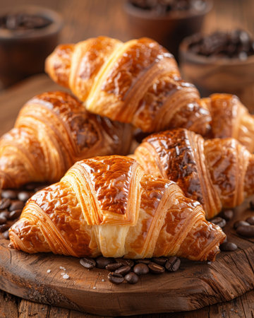 Delicious Assortment of Freshly Baked Croissants on a Rustic Wooden Board with Coffee Beansの素材
