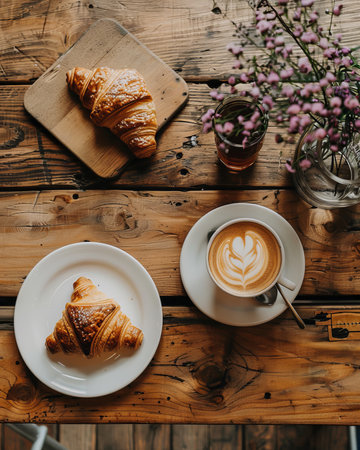 Savoring flaky croissants and silky cappuccinos on a quaint rustic wooden table settingの素材
