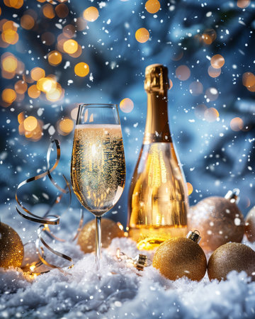 Celebratory christmas and new year scene featuring champagne, glasses, ribbons, snow, and ornamentsの素材